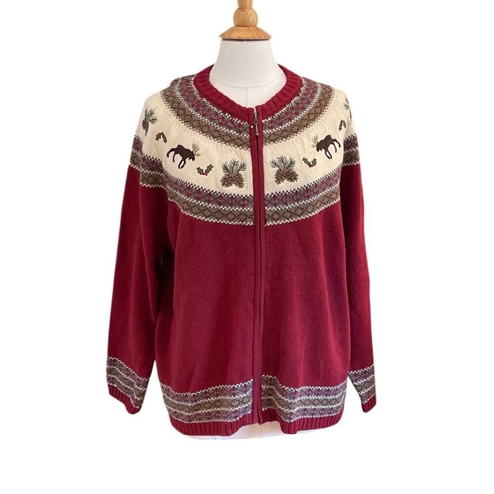 Croft & Barrow Red Moose Pinecone Fair Isle Zip Up Cardigan Sweater, Size 3X
